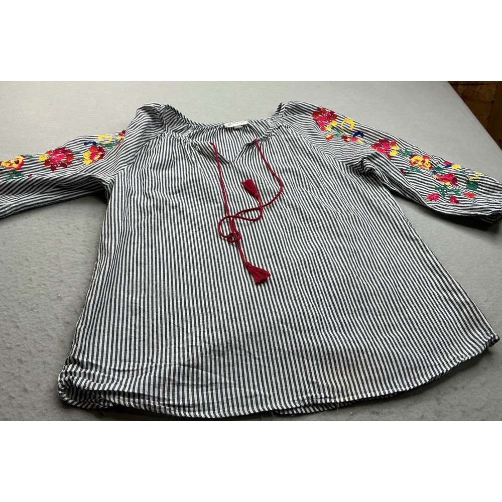 Westport Blouse Blue White Stripe Floral Embroidered Tassel‎ Size L Boho Peasant